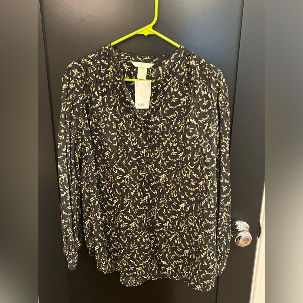 H&M Long Sleeve Blouse, Black with Gold Accents